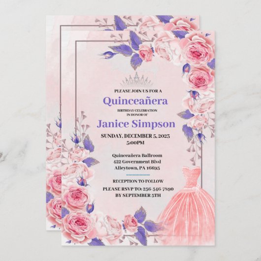 Quinceañera roze en paarse rozen uitnodiging (Voorkant / Achterkant)