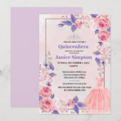 Quinceañera roze en paarse rozen uitnodiging (Voorkant / Achterkant)