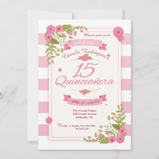 Quinceañera Roze en Witte Strepen Uitnodiging