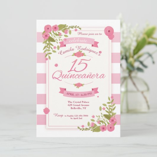 Quinceañera roze en witte strepen uitnodiging (Staand voorkant)