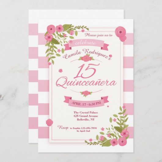 Quinceañera roze en witte strepen uitnodiging (Voorkant / Achterkant)