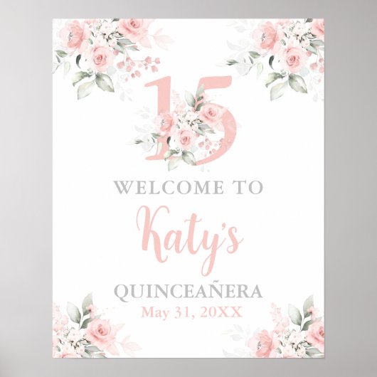 Quinceanera roze floral welkomstteken poster (Voorkant)