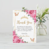 Quinceañera Roze Fuchsia Bloemen Gouden Vlinders Bedankkaart (Staand voorkant)