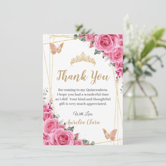 Quinceañera Roze Fuchsia Bloemen Gouden Vlinders Bedankkaart (Staand voorkant)