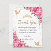 Quinceañera Roze Fuchsia Bloemen Gouden Vlinders Bedankkaart (Voorkant)