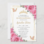 Quinceañera Roze Fuchsia Bloemen Gouden Vlinders Kaart (Voorkant)