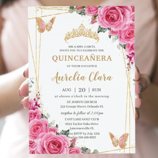 Quinceañera Roze Fuchsia Bloemen Gouden Vlinders Kaart