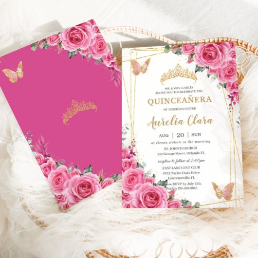 Quinceañera Roze Fuchsia Bloemen Gouden Vlinders Kaart