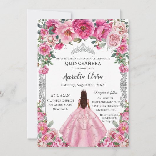 Quinceañera Roze Fuchsia Bloemen Jurk Gown Zilver Kaart (Voorkant)