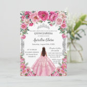 Quinceañera Roze Fuchsia Bloemen Jurk Gown Zilver Kaart (Staand voorkant)