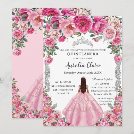 Quinceañera Roze Fuchsia Bloemen Jurk Gown Zilver Kaart (Voorkant / Achterkant)