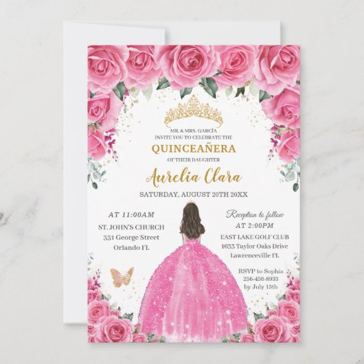 Quinceañera Roze Fuchsia Bloemen Prinses Vlinder Kaart (Voorkant)