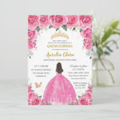 Quinceañera Roze Fuchsia Bloemen Prinses Vlinder Kaart (Staand voorkant)