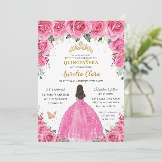 Quinceañera Roze Fuchsia Bloemen Prinses Vlinder Kaart (Staand voorkant)