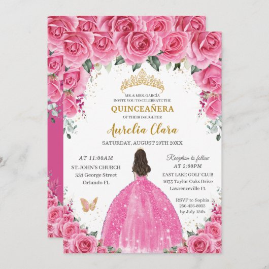 Quinceañera Roze Fuchsia Bloemen Prinses Vlinder Kaart (Voorkant / Achterkant)