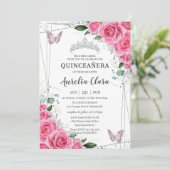 Quinceañera Roze Fuchsia Bloemen Zilveren Vlinders Kaart (Staand voorkant)
