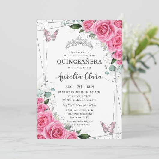 Quinceañera Roze Fuchsia Bloemen Zilveren Vlinders Kaart (Staand voorkant)