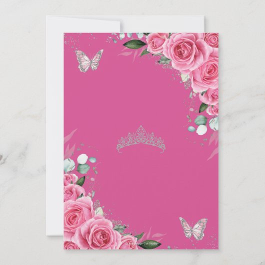 Quinceañera Roze Fuchsia Bloemen Zilveren Vlinders Kaart (Achterkant)