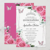 Quinceañera Roze Fuchsia Bloemen Zilveren Vlinders Kaart (Voorkant / Achterkant)