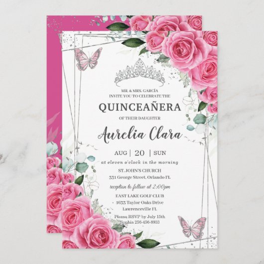Quinceañera Roze Fuchsia Bloemen Zilveren Vlinders Kaart (Voorkant / Achterkant)