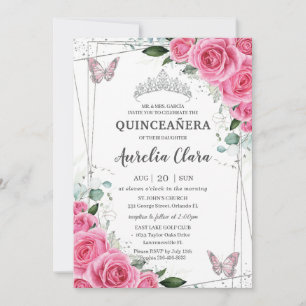 Quinceañera Roze Fuchsia Bloemen Zilveren Vlinders Kaart