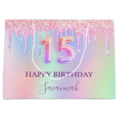Quinceanera roze glitter druipt regenboogmonogram groot cadeauzakje (Voorkant)