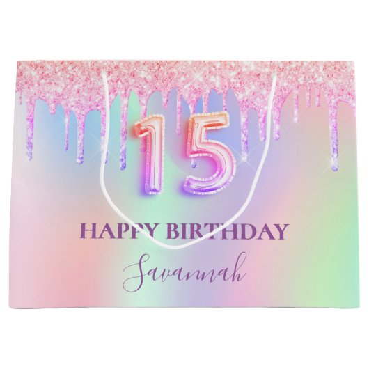 Quinceanera roze glitter druipt regenboogmonogram groot cadeauzakje (Voorkant)