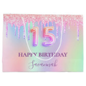 Quinceanera roze glitter druipt regenboogmonogram groot cadeauzakje (Achterkant)