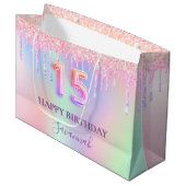 Quinceanera roze glitter druipt regenboogmonogram groot cadeauzakje (Voorkant Gekanteld)