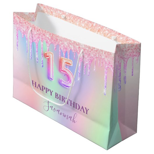Quinceanera roze glitter druipt regenboogmonogram groot cadeauzakje (Voorkant Gekanteld)