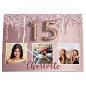 Quinceanera roze glitter druppels foto naam groot cadeauzakje (Voorkant)