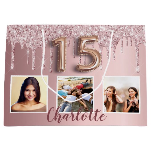 Quinceanera roze glitter druppels foto naam groot cadeauzakje (Voorkant)