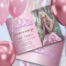 Quinceanera  Roze Glitter Kroon uitnodiging