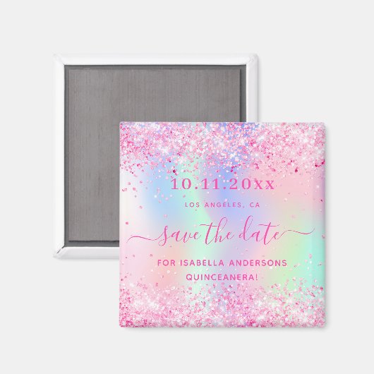 Quinceanera roze glitter save the date magnet (Voorkant / Achterkant)