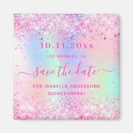 Quinceanera roze glitter save the date magnet