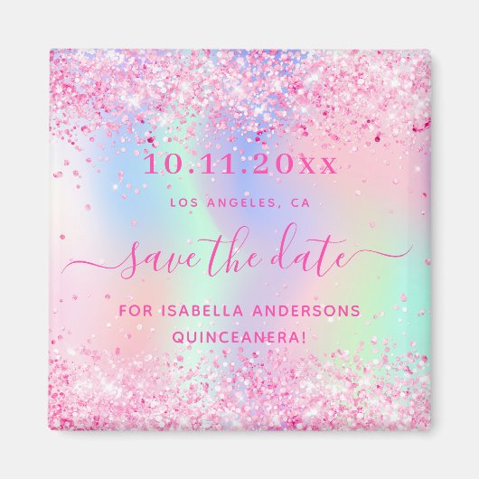Quinceanera roze glitter save the date magnet (Voorkant)