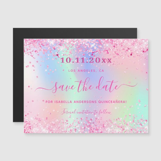 Quinceanera roze glitter save the date magnet (Voorkant / Achterkant)