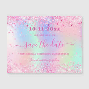Quinceanera roze glitter save the date magnet