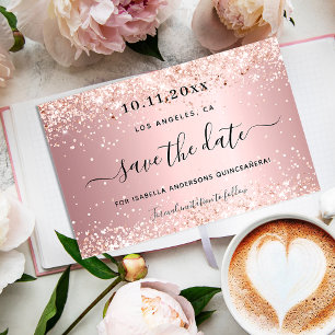 Quinceañera roze glitters bewaar de datum aankondigingskaart