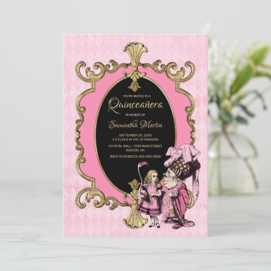 Quinceanera Roze Goud Alice In Wonderland Party Kaart (Staand voorkant)