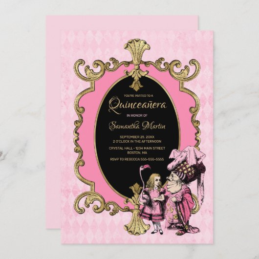 Quinceanera Roze Goud Alice In Wonderland Party Kaart (Voorkant / Achterkant)