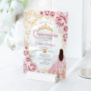 Quinceanera Roze Goud Bloem Acryl Uitnodigingen