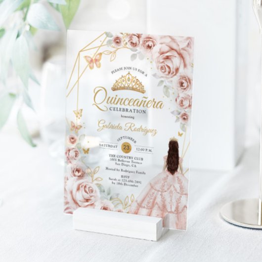 Quinceanera Roze Goud Bloem Jurk Acryl Uitnodigingen
