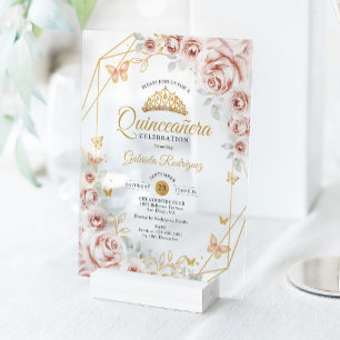 Quinceanera Roze Goud Bloemige Uitnodiging