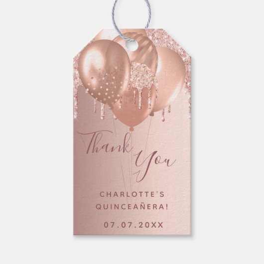 Quinceanera roze goud blozen dank je cadeaulabel (Voorkant)