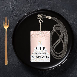 Quinceanera roze goud blozen glitter stof naam vip badge