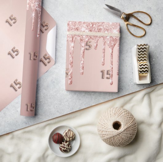 Quinceanera roze goud blozen glitterslierten cadeaupapier (Crafts)