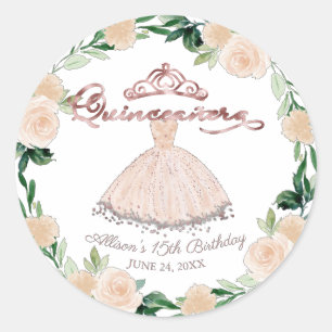 Quinceanera Roze Goud Blush Jurk Roze Bloemen Ronde Sticker