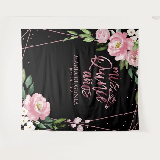 Quinceanera Roze Goud Folie Roze Bloemstuk Achterg Wandkleed (Voorkant (horizontaal))