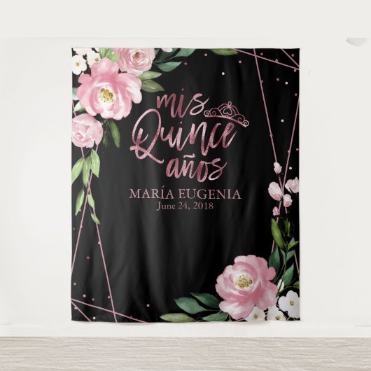 Quinceanera Roze Goud Folie Roze Bloemstuk Achterg Wandkleed (Voorkant)